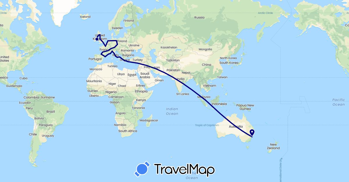 TravelMap itinerary: driving in Australia, Switzerland, Czech Republic, Germany, Spain, France, United Kingdom, Greece, Ireland, Italy, Netherlands, Singapore (Asia, Europe, Oceania)